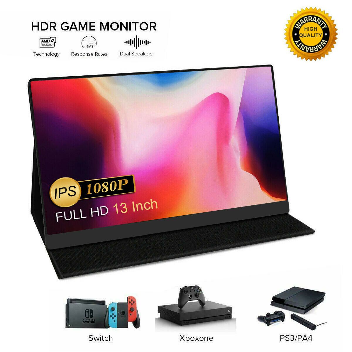 13.3\" IPS Portable HDMI Monitor FHD 1920x1080 Gaming Display Dual Speakers